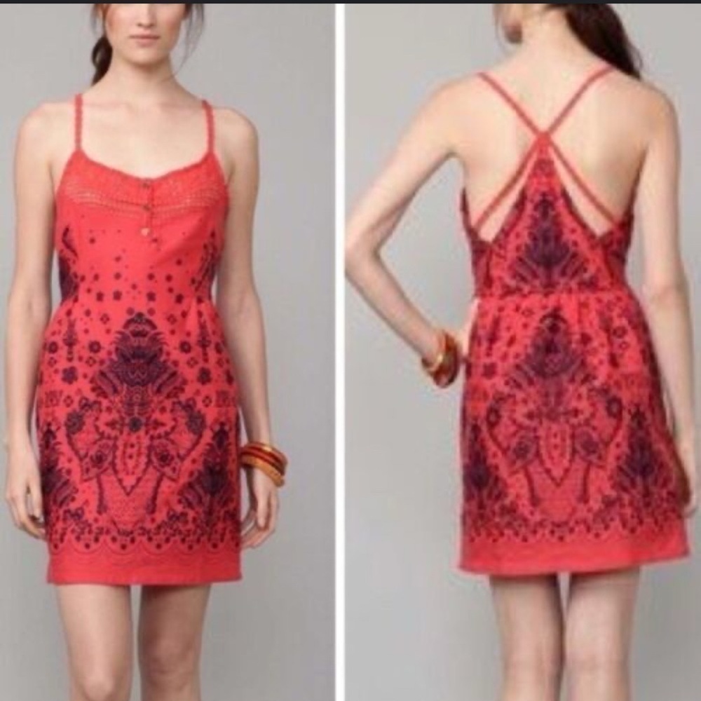 Free People Sunshine Benji Hot Coral Boho Embroidered Dress Linen Cotton size 10